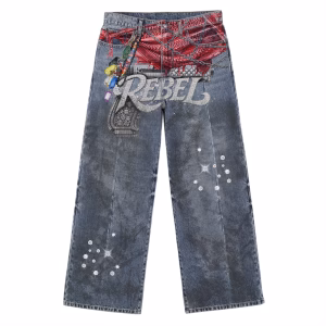 Diamond "REBEL" Gun & Red Bandana Sparkle Printed Denim Jeans by JR JEANIUS WEAR