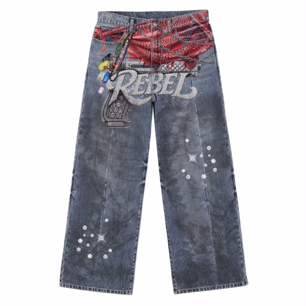 Diamond "REBEL" Gun & Red Bandana Sparkle Printed Denim Jeans by JR JEANIUS WEAR