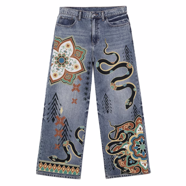 Oriental Serpent Totem Printed Denim Jeans by JR JEANIUS WEAR