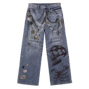 Gothic Chains Spiderweb Skull Sticker Printed Denim by JR JEANIUS WEAR