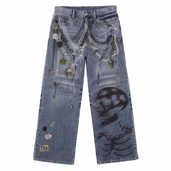 Gothic Chains Spiderweb Skull Sticker Printed Denim by JR JEANIUS WEAR