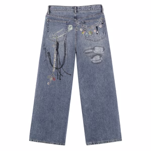 Rock & Roll Cigarette Chain Charms Printed Denim Jeans