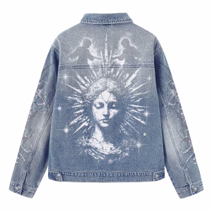 "Holy Hustle" Virgin Mary Statue & Diamond Text Light Denim Jacket by JR JEANIUS WEAR