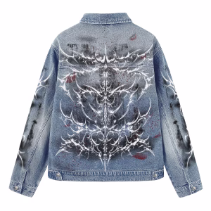 "Cyber Blood" White Tribal Sigilism & Red Splatter Light Denim Jacket by JR JEANIUS WEAR
