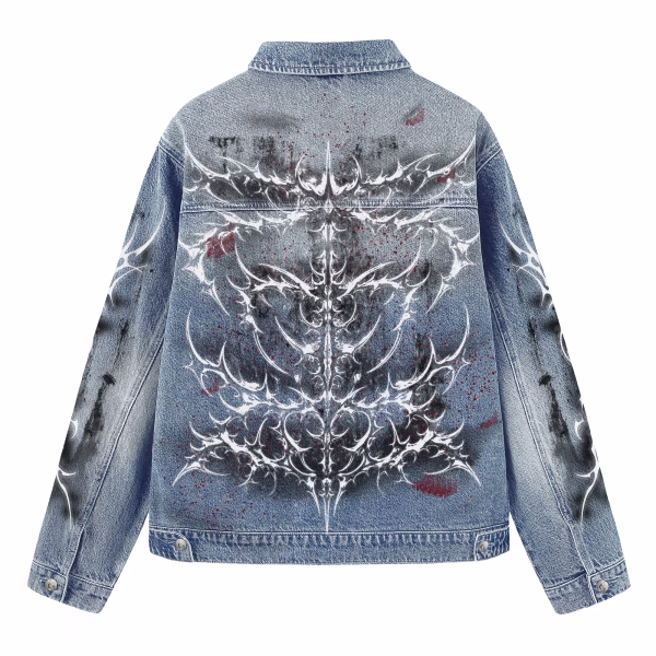 "Cyber Blood" White Tribal Sigilism & Red Splatter Light Denim Jacket by JR JEANIUS WEAR