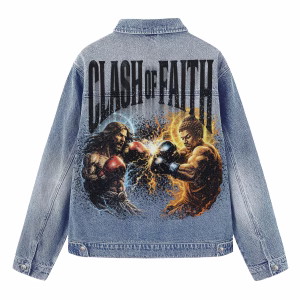 "Clash of Faith" Jesus vs Buddha Boxing Match Light Denim Jacket by JR JEANIUS WEAR
