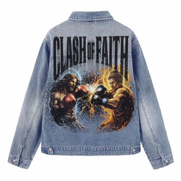 "Clash of Faith" Jesus vs Buddha Boxing Match Light Denim Jacket by JR JEANIUS WEAR