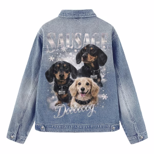 "Snowy Sausage" Dachshund Trio & Peeking Puppies Light Denim Jacket by JR JEANIUS WEAR