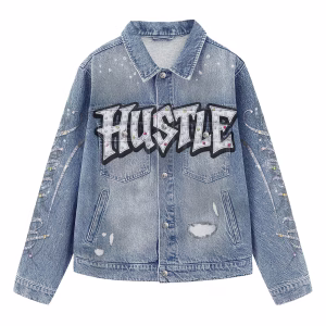 “Holy Hustle” Virgin Mary Statue & Diamond Text Light Denim Jacket