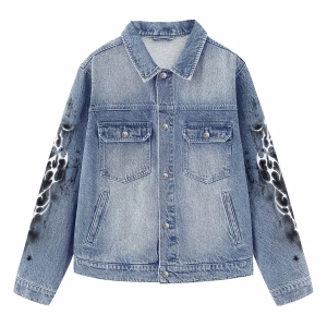 “Cyber Blood” White Tribal Sigilism & Red Splatter Light Denim Jacket