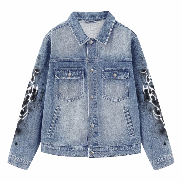 "Cyber Blood" White Tribal Sigilism & Red Splatter Light Denim Jacket jackets product photo