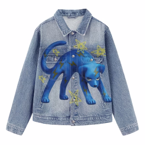 "Electric Panther" Blue Feline with Lightning Bolts & Stars Light Denim Jacket by JR JEANIUS WEAR