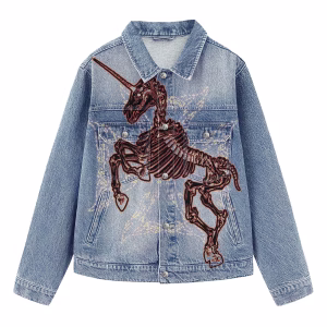 "Mythical Remains" Skeletal Unicorn & Magic Array Light Denim Jacket by JR JEANIUS WEAR