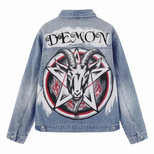 Gothic Demon Goat Pentagram Printed Denim Jacket by JR JEANIUS WEAR