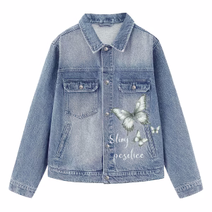 “Fairy Tale” Butterfly Cat & Floral Bow Tie Denim Jacket