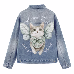 "Fairy Tale" Butterfly Cat & Floral Bow Tie Denim Jacket by JR JEANIUS WEAR