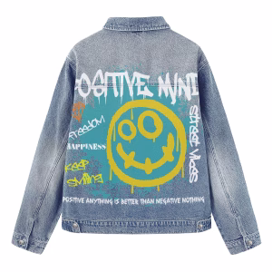 "Positive Mind" Graffiti Smiley Face Streetwear Denim Jacket by JR JEANIUS WEAR