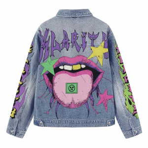 "Clarity" Psychedelic Tongue & Acid Stars Denim Jacket by JR JEANIUS WEAR
