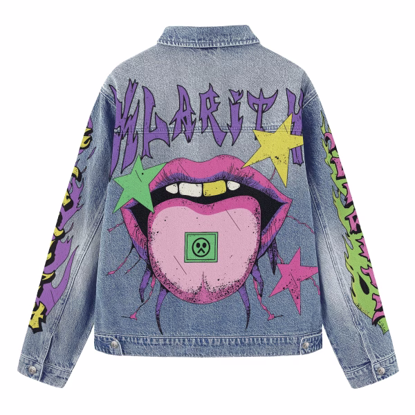 "Clarity" Psychedelic Tongue & Acid Stars Denim Jacket by JR JEANIUS WEAR