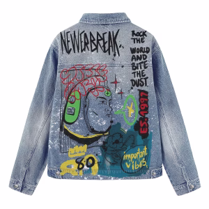 "Never Break" Rock The World Graffiti Art Denim Jacket by JR JEANIUS WEAR