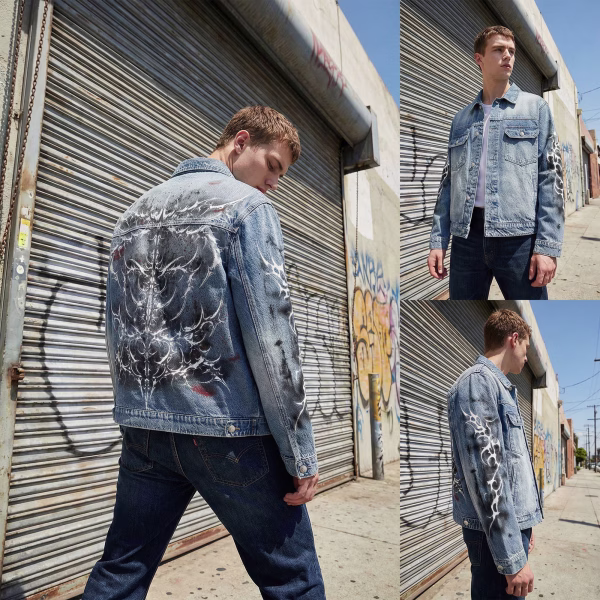 "Cyber Blood" White Tribal Sigilism & Red Splatter Light Denim Jacket jackets product photo