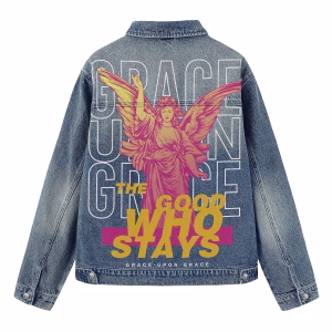 "Grace Upon Grace" Pink Angel Statue Streetwear Denim Jacket by JR JEANIUS WEAR