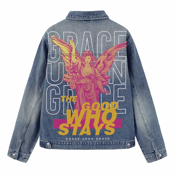 "Grace Upon Grace" Pink Angel Statue Streetwear Denim Jacket by JR JEANIUS WEAR