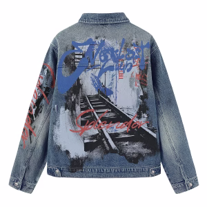 "Urban Splendor" Railroad Track & Graffiti Printed Denim Jacket by JR JEANIUS WEAR