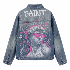 "Saint" Classical Statue & Pink Sunglasses Graffiti Denim Jacket by JR JEANIUS WEAR