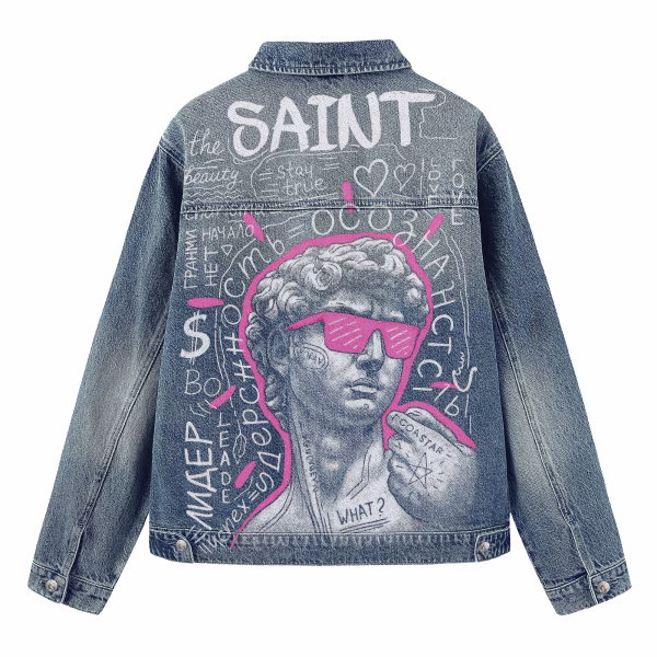 "Saint" Classical Statue & Pink Sunglasses Graffiti Denim Jacket by JR JEANIUS WEAR