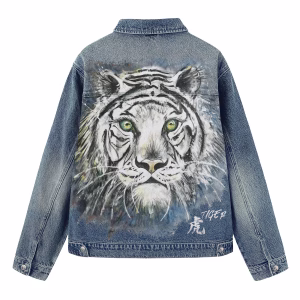 "Majestic White Tiger" Watercolor Art Painted Denim Jacket by JR JEANIUS WEAR