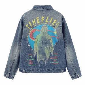 "Time Flies" Mystic Hooded Figure & Moon Graphic Denim Jacket by JR JEANIUS WEAR