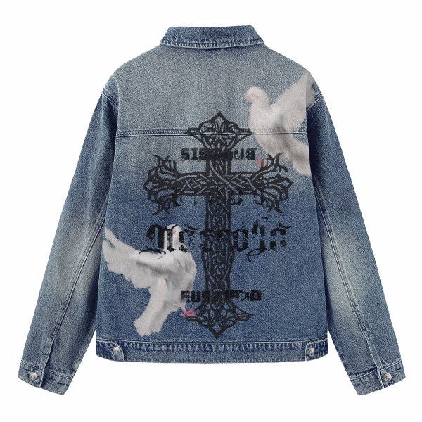 "Holy Peace" Gothic Cross & White Doves Denim Jacket by JR JEANIUS WEAR