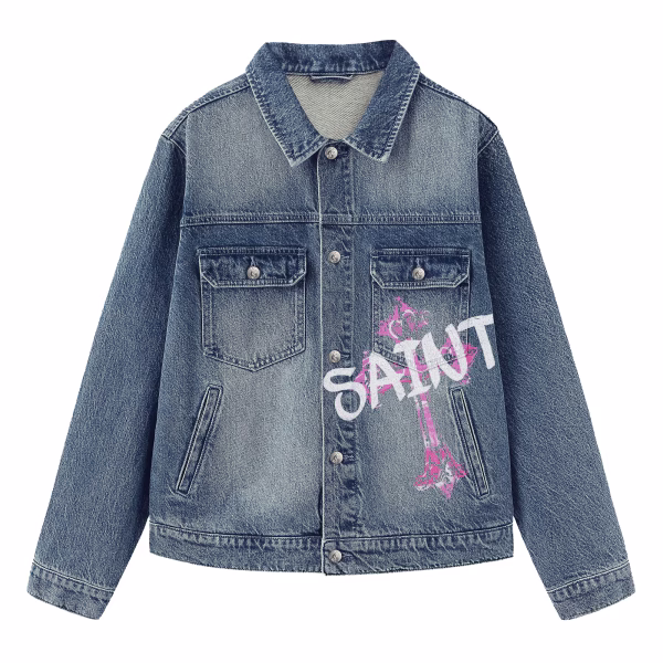 "Saint" Classical Statue & Pink Sunglasses Graffiti Denim Jacket jackets product photo