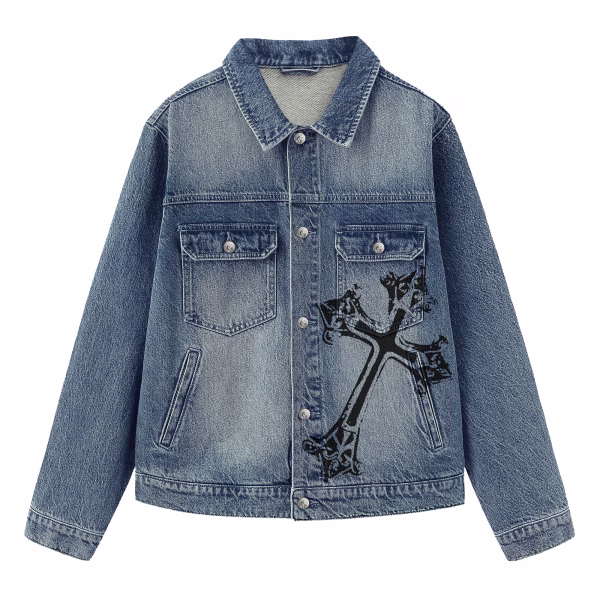 "Holy Peace" Gothic Cross & White Doves Denim Jacket jackets product photo