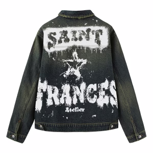"Saint Frances Atelier" Grunge Star Stencil Dark Denim Jacket by JR JEANIUS WEAR