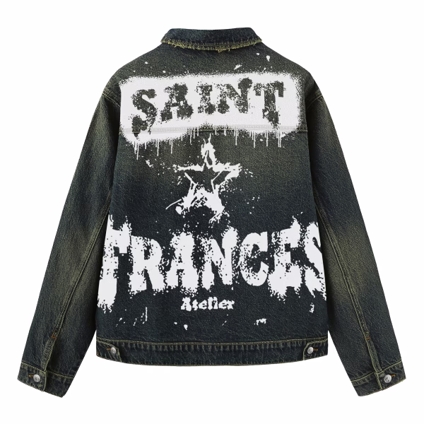 "Saint Frances Atelier" Grunge Star Stencil Dark Denim Jacket by JR JEANIUS WEAR