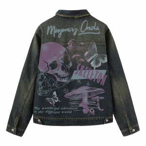 "Memory Clouds" Psychedelic Skull & Mushroom Dark Denim Jacket by JR JEANIUS WEAR