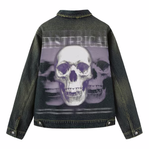 "Hysterical" Motion Blur Skull & Purple Glitch Dark Denim Jacket by JR JEANIUS WEAR
