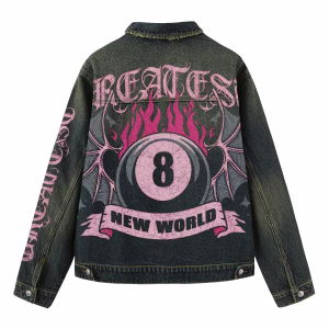 "Greatest New World" Magic 8-Ball & Pink Flame Dark Denim Jacket by JR JEANIUS WEAR