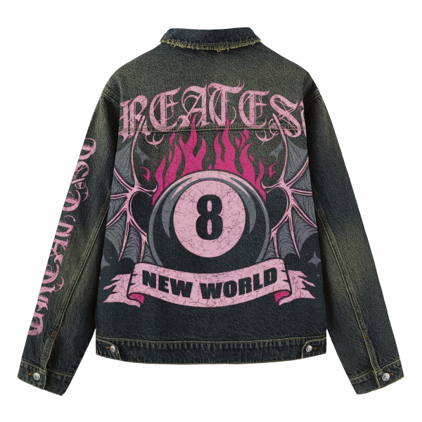"Greatest New World" Magic 8-Ball & Pink Flame Dark Denim Jacket by JR JEANIUS WEAR