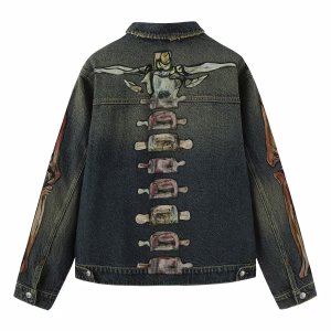 "Mortal Frame" Full Body Skeleton Anatomy Painted Dark Denim Jacket by JR JEANIUS WEAR