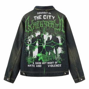 "Assault on the City" Green Gothic Cross & Metal Band Aesthetic Dark Denim Jacket by JR JEANIUS WEAR