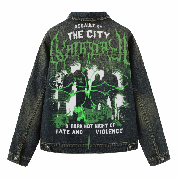 "Assault on the City" Green Gothic Cross & Metal Band Aesthetic Dark Denim Jacket by JR JEANIUS WEAR