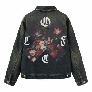 "Gothic Romance" Floral Cross & Scattered Lettering Dark Denim Jacket by JR JEANIUS WEAR