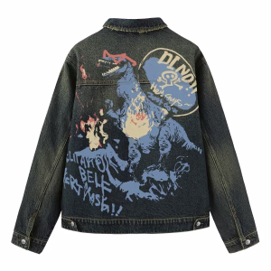 "Cool Dino" T-Rex with Sunglasses & Graffiti Dark Denim Jacket by JR JEANIUS WEAR