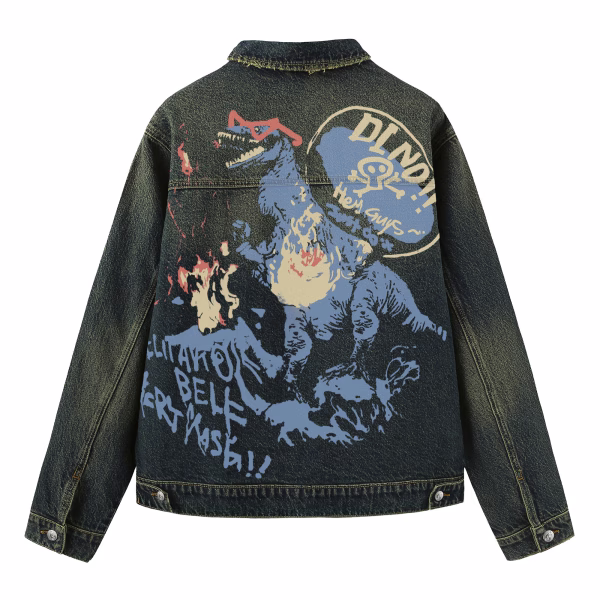 "Cool Dino" T-Rex with Sunglasses & Graffiti Dark Denim Jacket by JR JEANIUS WEAR