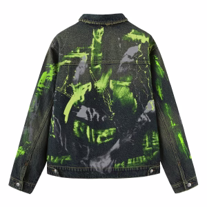 "Neon Chaos" Abstract Green & Grey Paint Splatter Dark Denim Jacket by JR JEANIUS WEAR