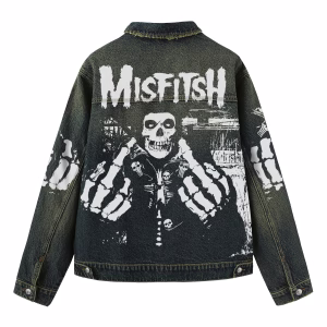 "Misfitsh" Skeleton Middle Finger & Bone Sleeve Dark Denim Jacket by JR JEANIUS WEAR