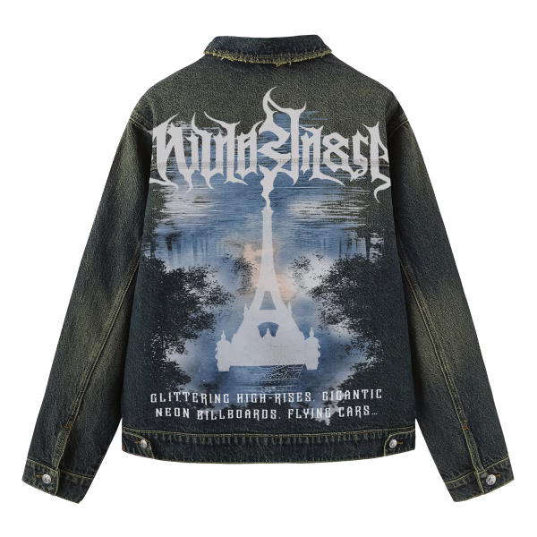 "Cyber Paris" Futuristic Cityscape & Metal Logo Dark Denim Jacket by JR JEANIUS WEAR